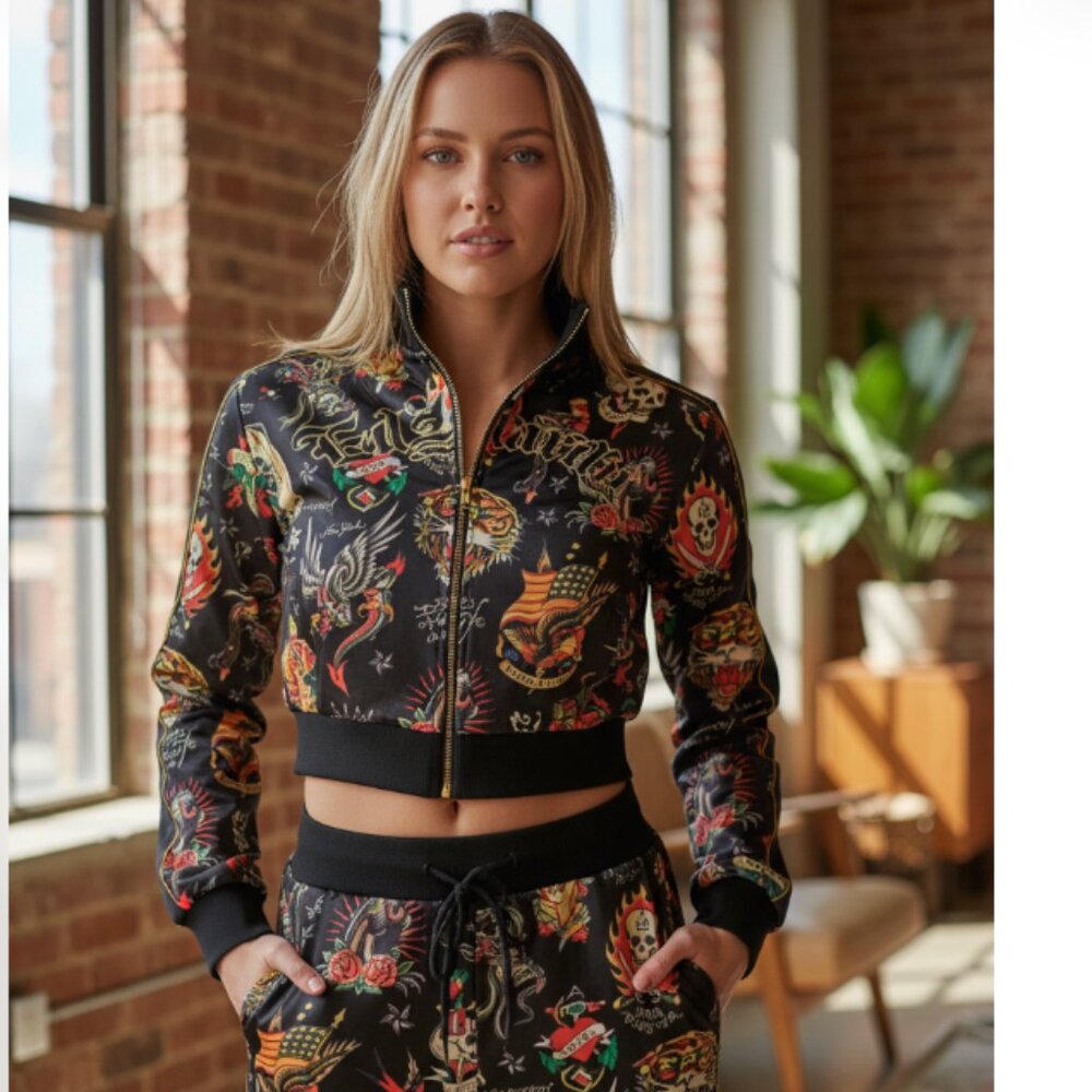 NWT Ed Hardy Women's Shrunken Flashboard Cropped Track Jacket Multi